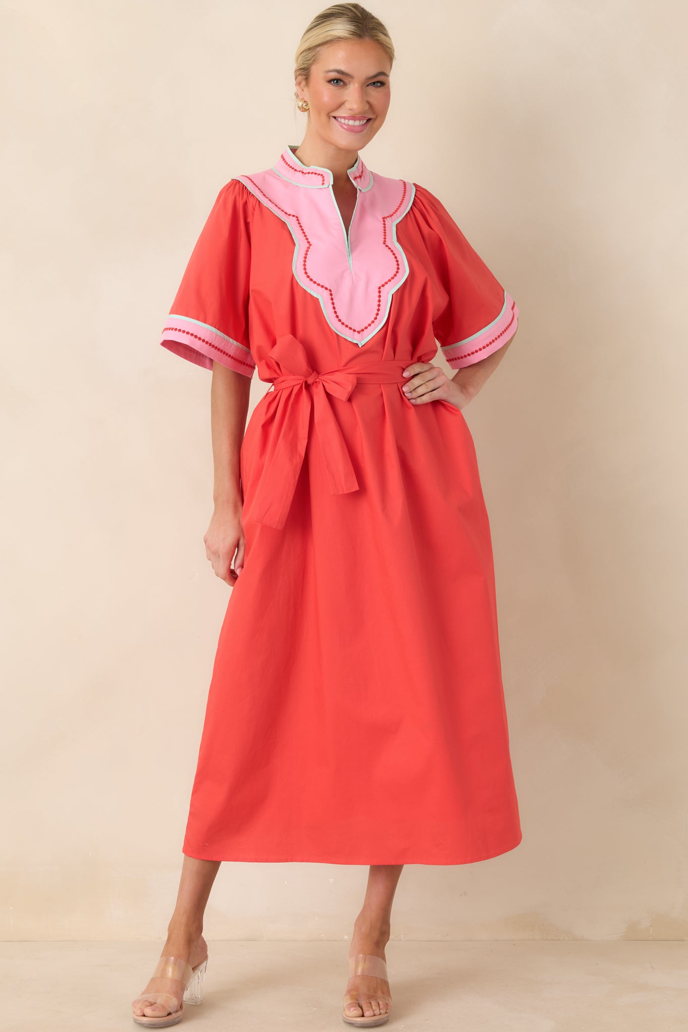 Red Dress | Poppy Red & Pink Cotton V-Neck Midi Dress
