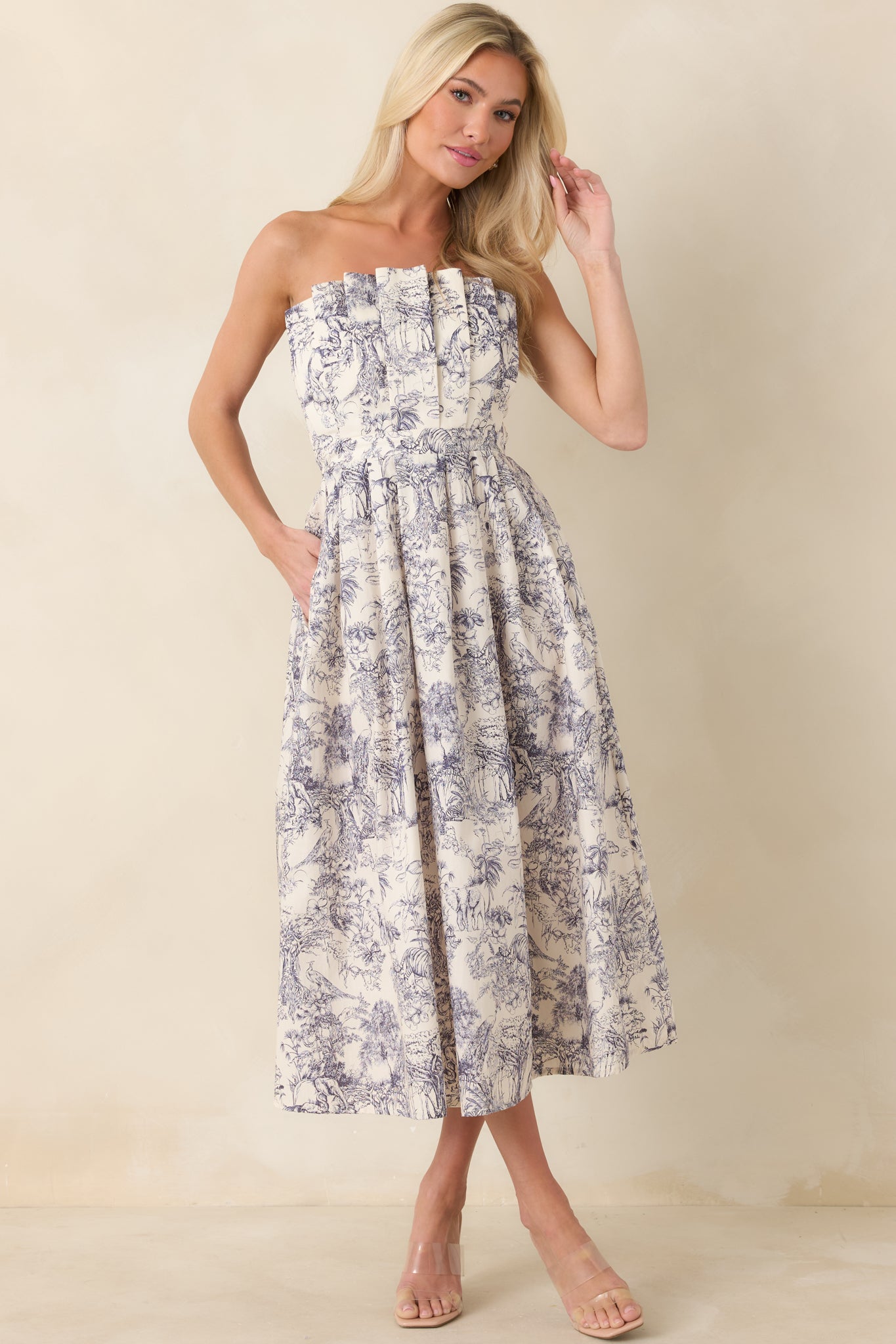 The Genevieve 100% Cotton Navy Toile Strapless Dress - Midi Dresses | Red Dress The Genevieve 100% Cotton Navy Toile Strapless Dress - Midi Dresses | Red Dress