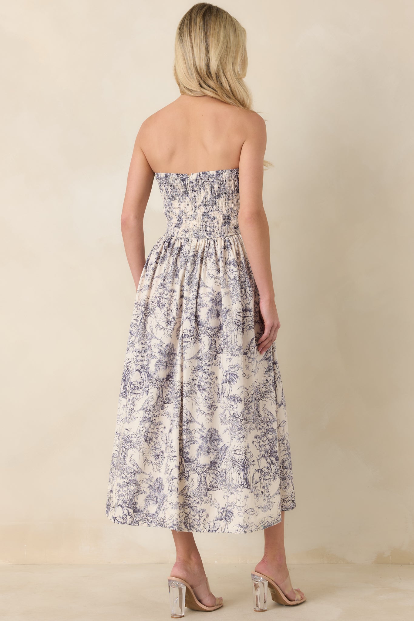 The Genevieve 100% Cotton Navy Toile Strapless Dress - Midi Dresses | Red Dress The Genevieve 100% Cotton Navy Toile Strapless Dress - Midi Dresses | Red Dress