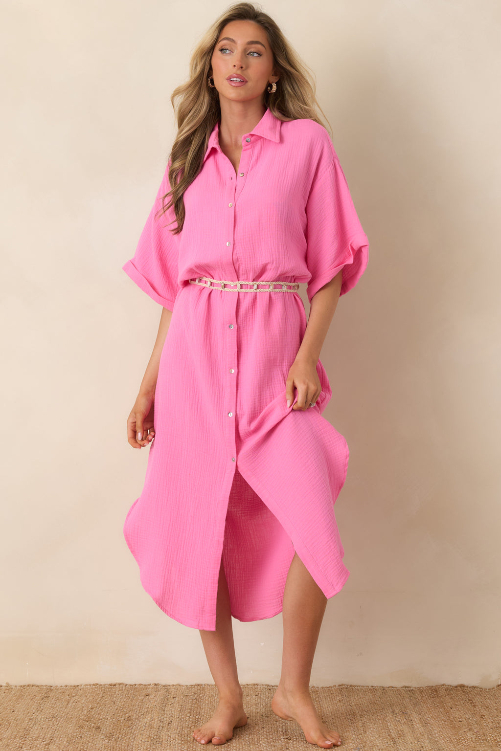 Women's Paradisa St. Augustine Pink Cotton Belted Shirt Dress | Size: Xs
