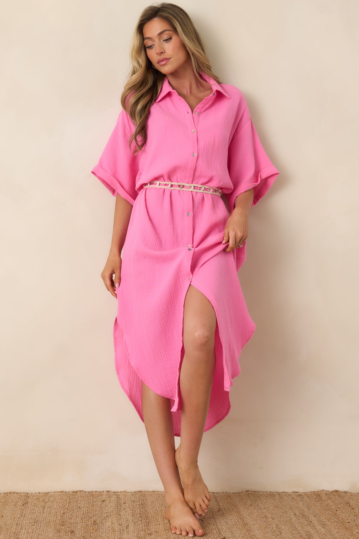 Paradisa St. Augustine Pink Cotton Belted Shirt Dress | Red Dress