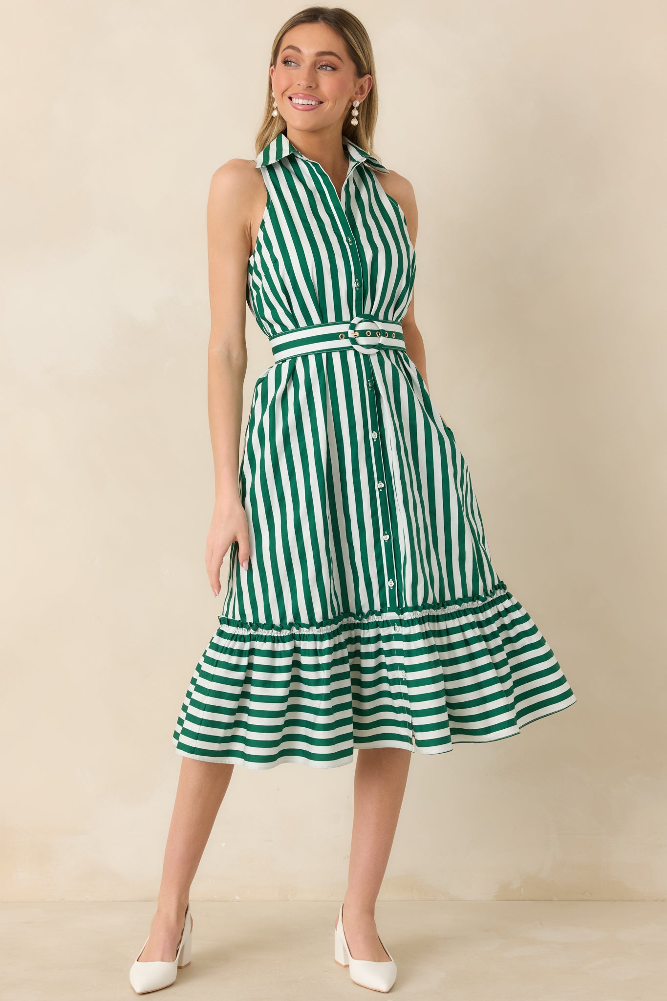 Lightweight midi dress with elongating green and ivory stripes, a structured collar, button-front design, and a defined waist with a striped belt.