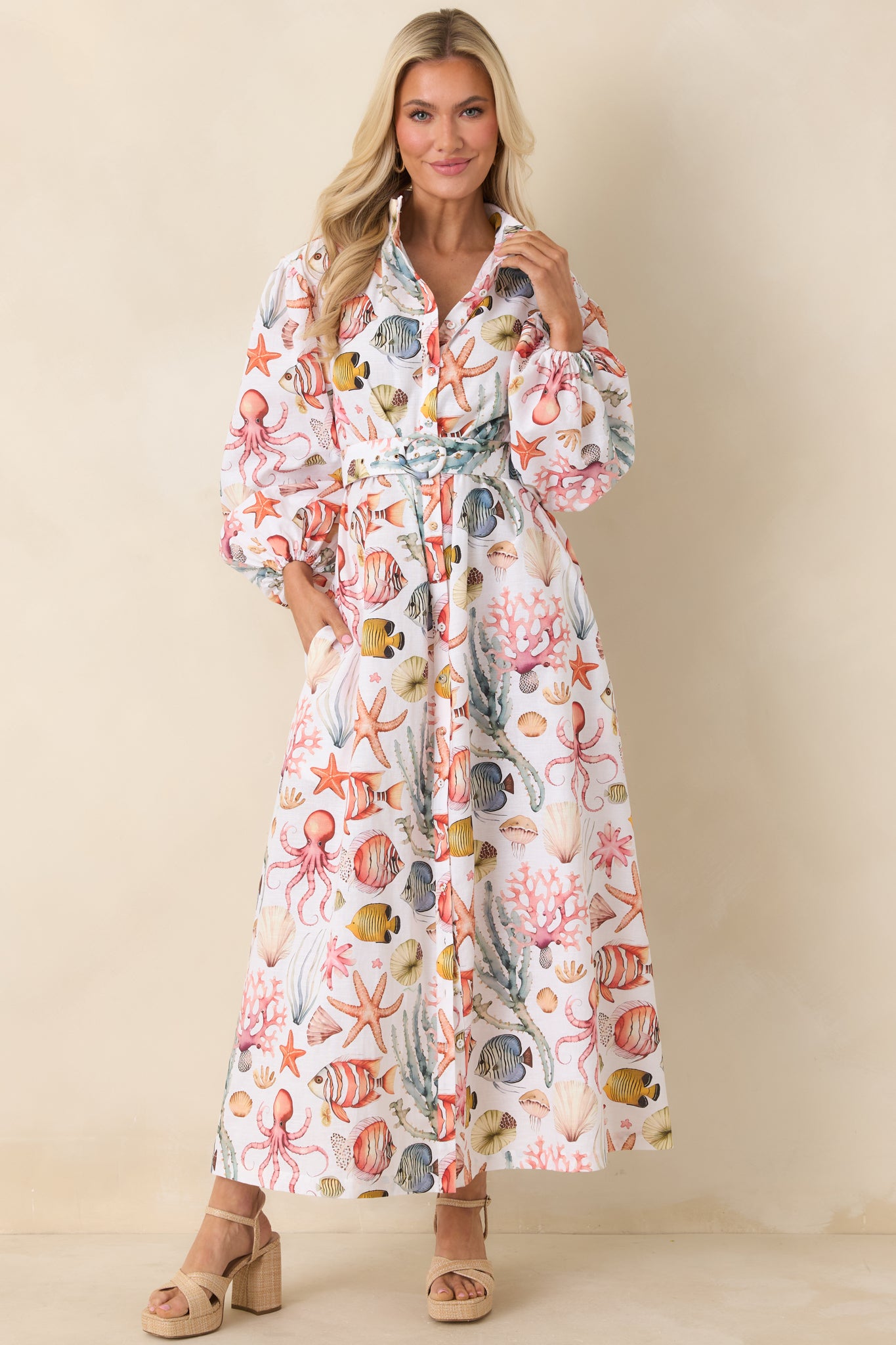 Women's Anna Maria Multi Linen Coastal Print Maxi Dress | Size: L | Red Dress Women's Anna Maria Multi Linen Coastal Print Maxi Dress | Size: L | Red Dress