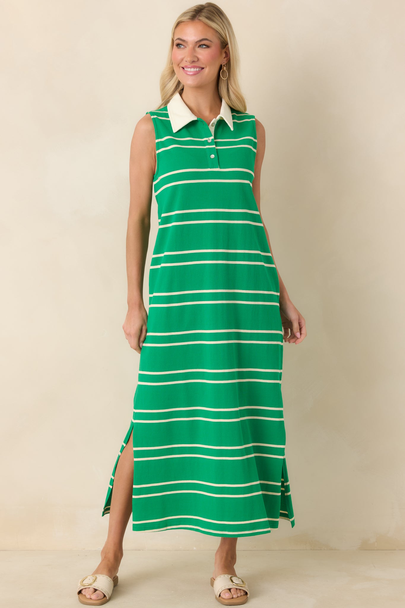 Casual striped maxi in green with a structured neckline, sleeveless design, and straight silhouette that drapes naturally.