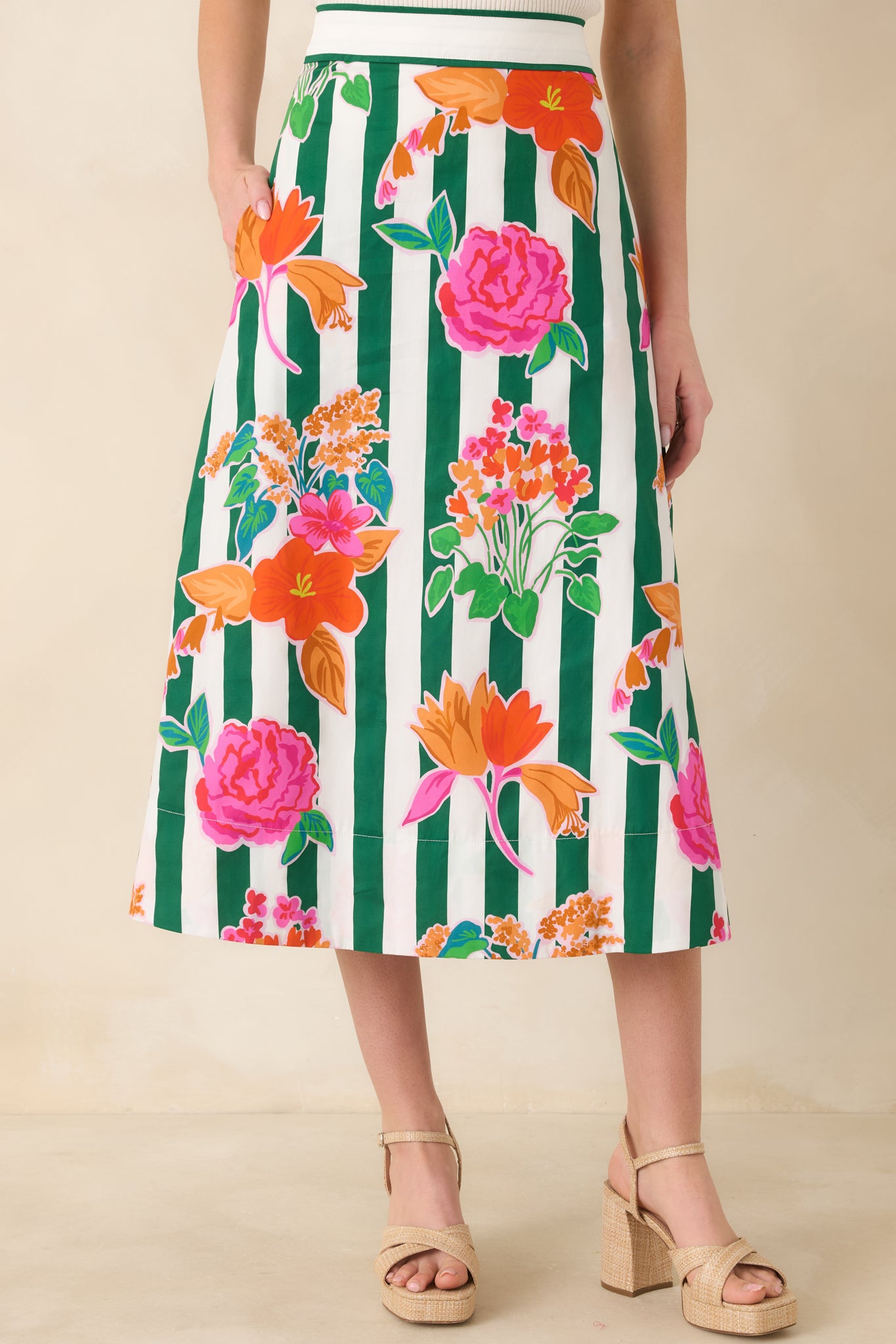 Front-focused detail of the high-waisted skirt emphasizing crisp stripes and colorful floral print.