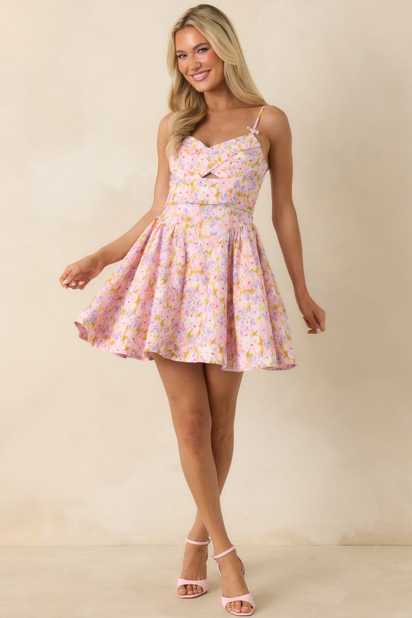 ASTR the Label | Isha Floral Sweetheart Mini Dress with Belt in Pink Lilac Floral ASTR the Label | Isha Floral Sweetheart Mini Dress with Belt in Pink Lilac Floral