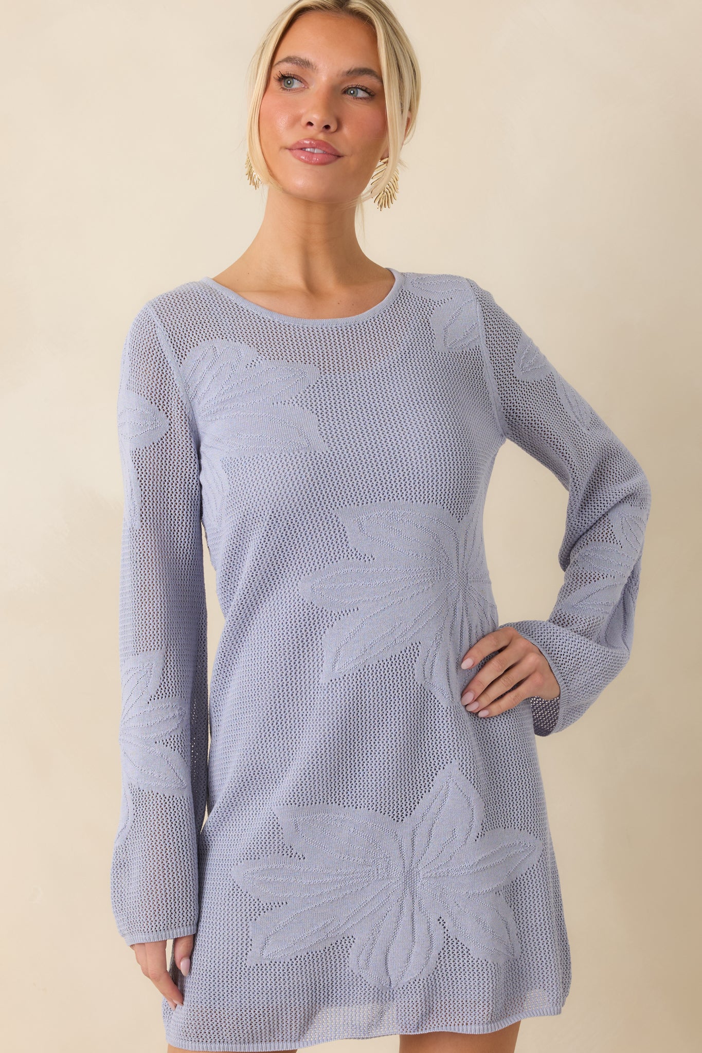 Women's Sheer Bliss Dusty Blue Floral Open Knit Mini Dress | Size: S