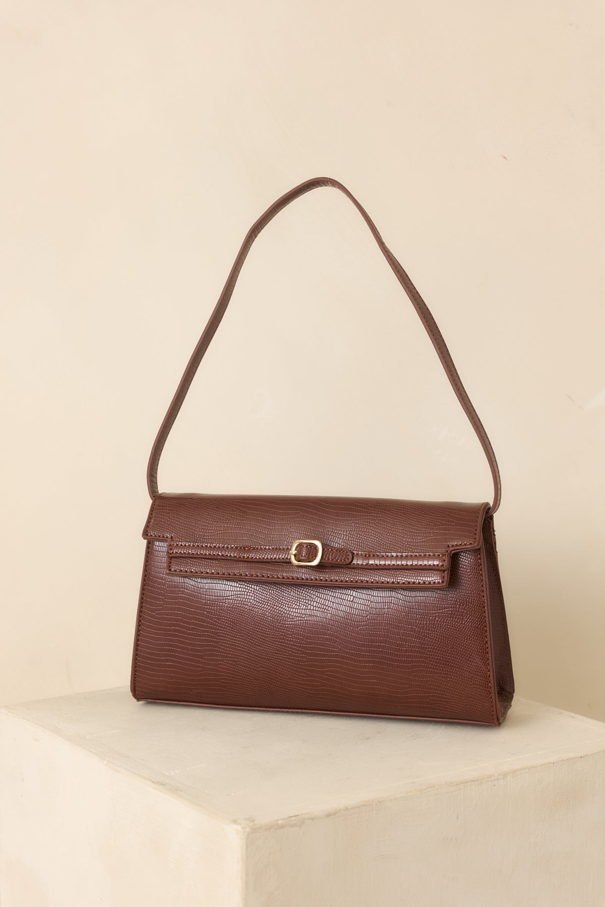 Signed And Sealed Brown Faux Leather Textured  Shoulder Bag