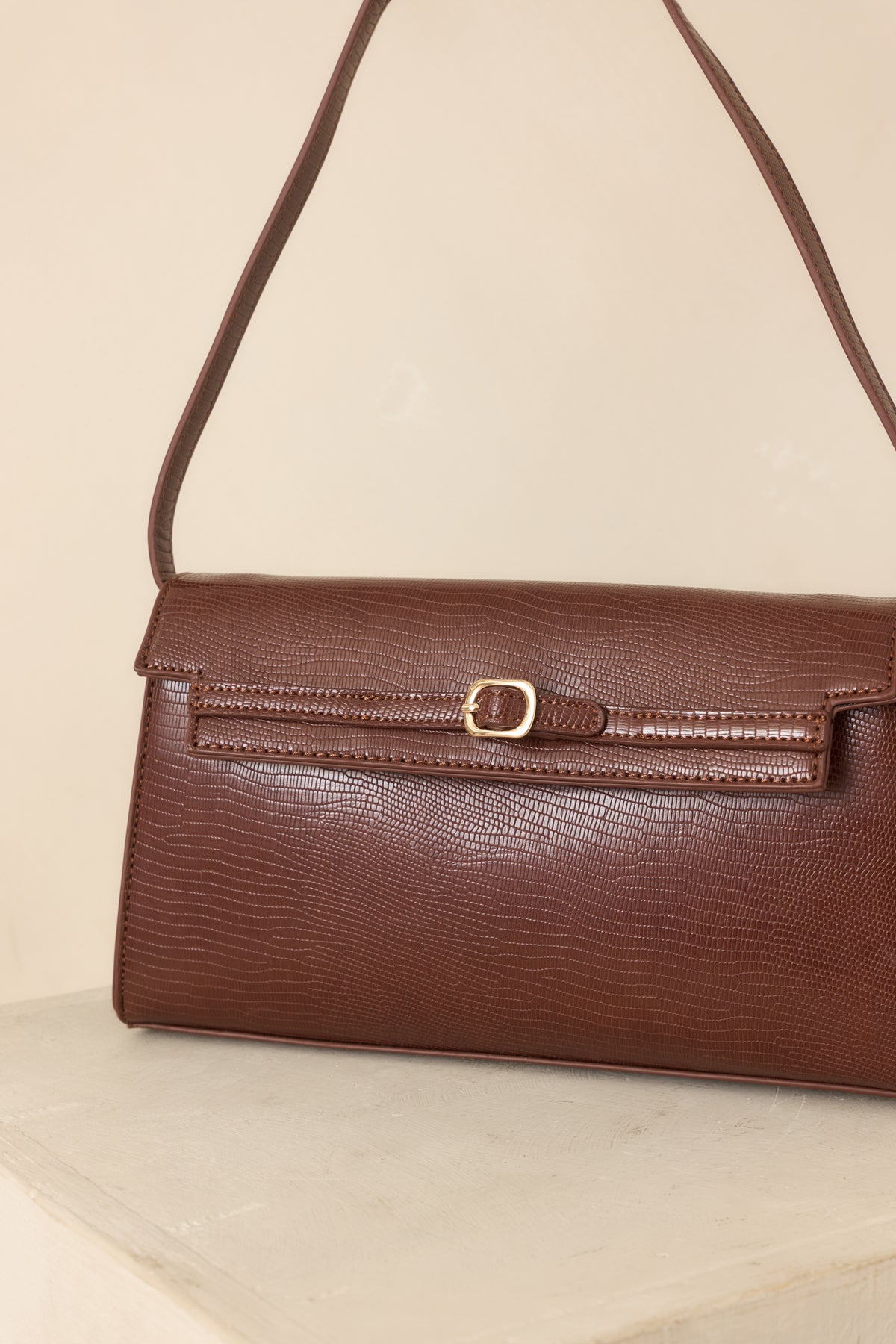 Signed And Sealed Brown Faux Leather Textured  Shoulder Bag