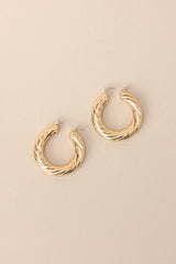 Overhead view of these gold hoops that feature gold hardware, a twisted design, and a lever back closure.