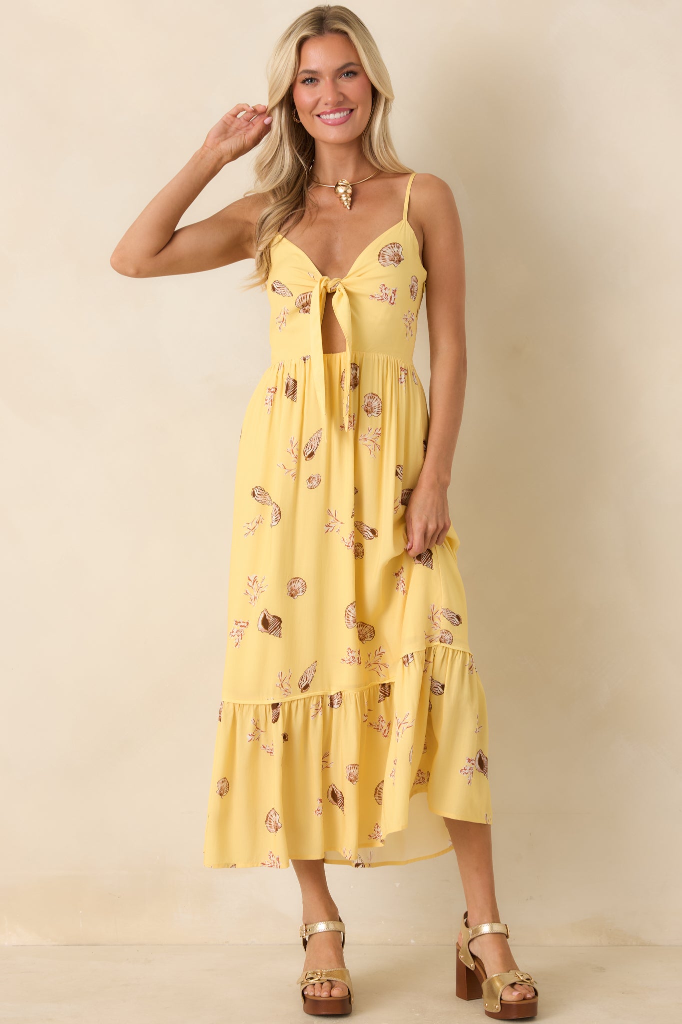 seashell babydoll midi dress Yellow Printed ECOVERO Summer Midi Dress XS / Butter Seashells