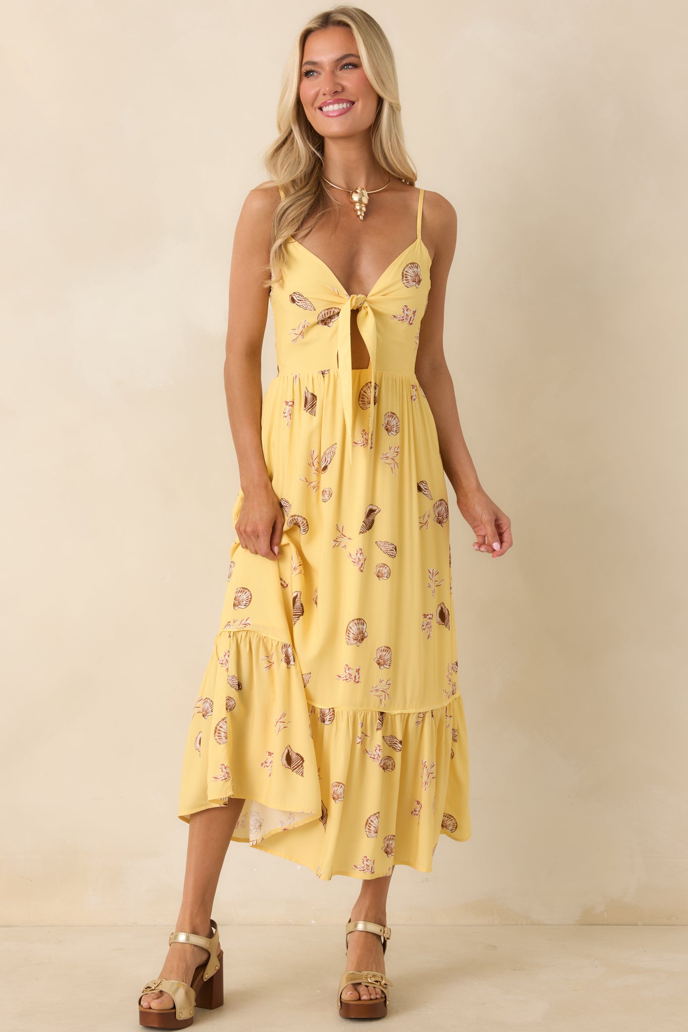 Yellow Printed ECOVERO Summer Midi Dress XS / Butter Seashells