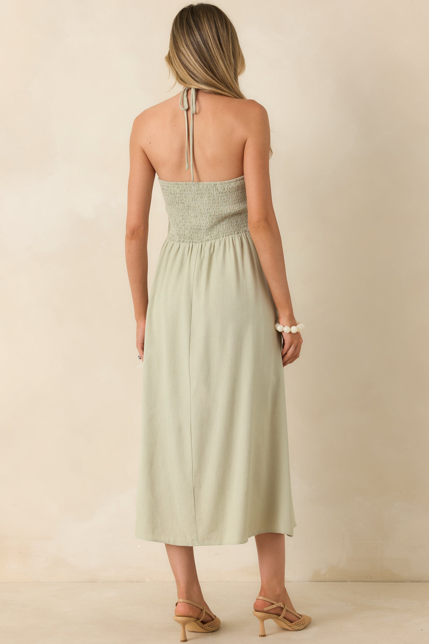 Red Dress | Sage Green Beaded Halter Midi Dress Red Dress | Sage Green Beaded Halter Midi Dress