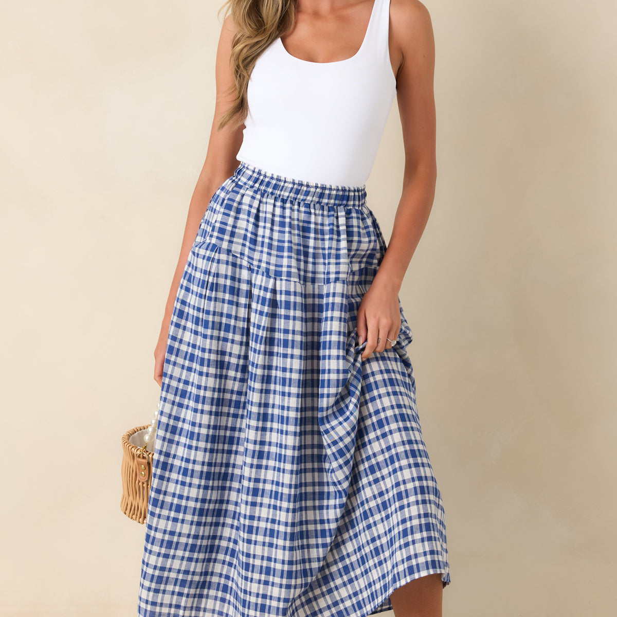 blue skirt dress Women's THML Fresh Air Feelings Gingham Midi | Size: M under $50 Black Bold Flowers Long adding an elegant touch Color:Egypt