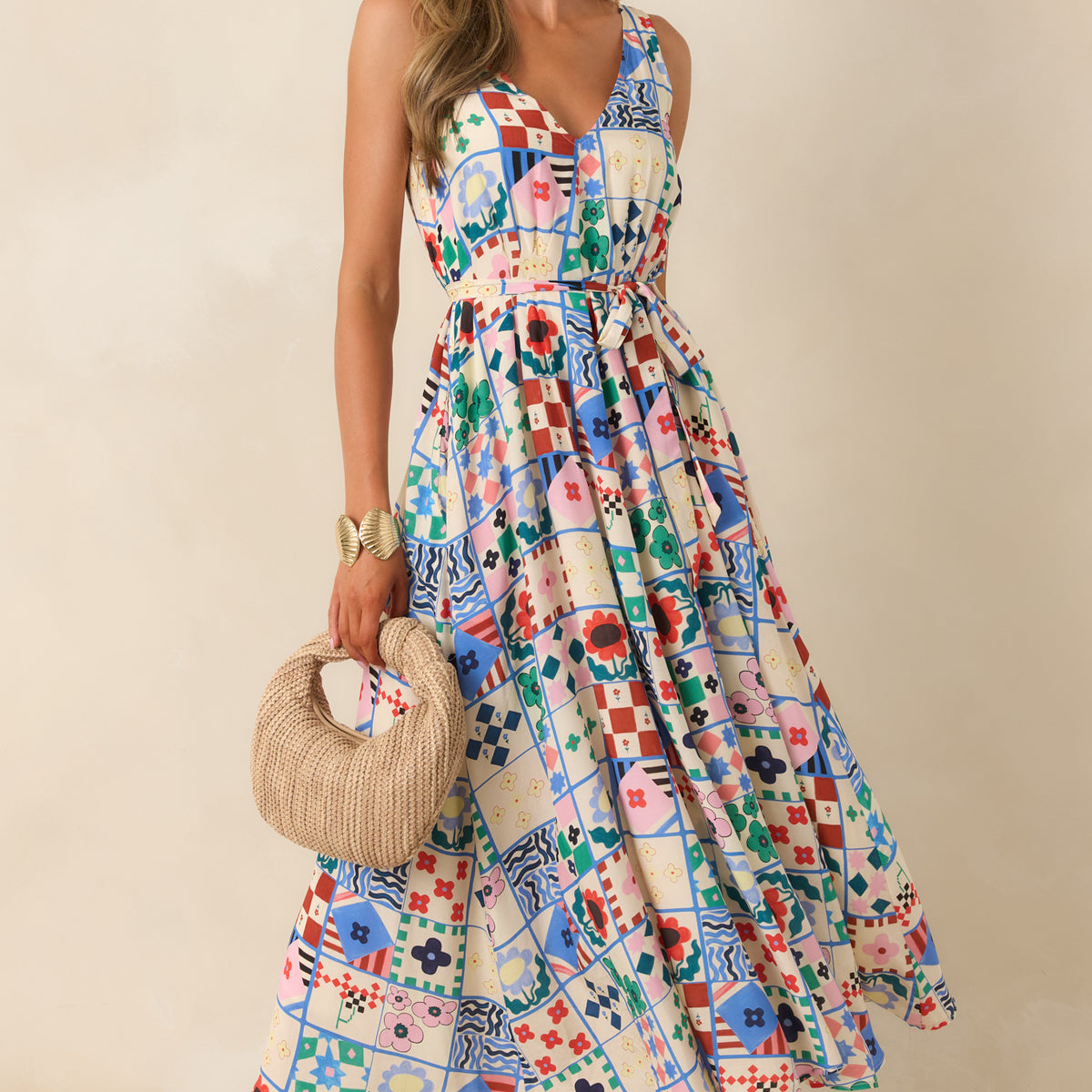 FRNCH Consordia Multi Patchwork Print Midi Dress | Red Dress