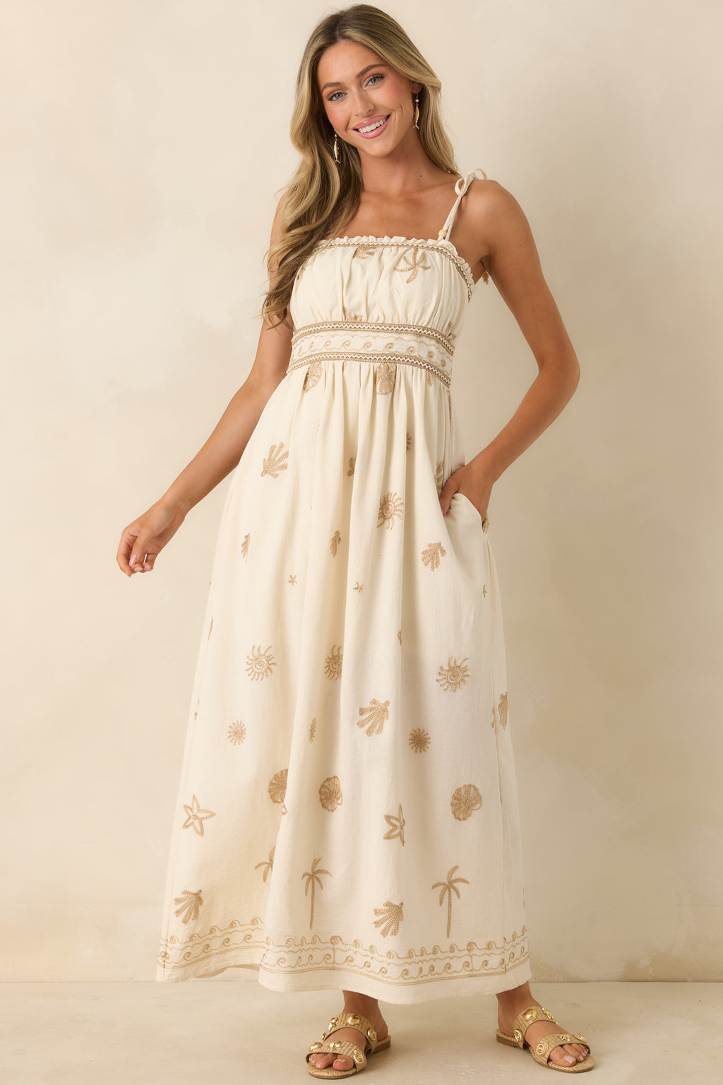 Red Dress | Ivory Embroidered Cotton Maxi Dress