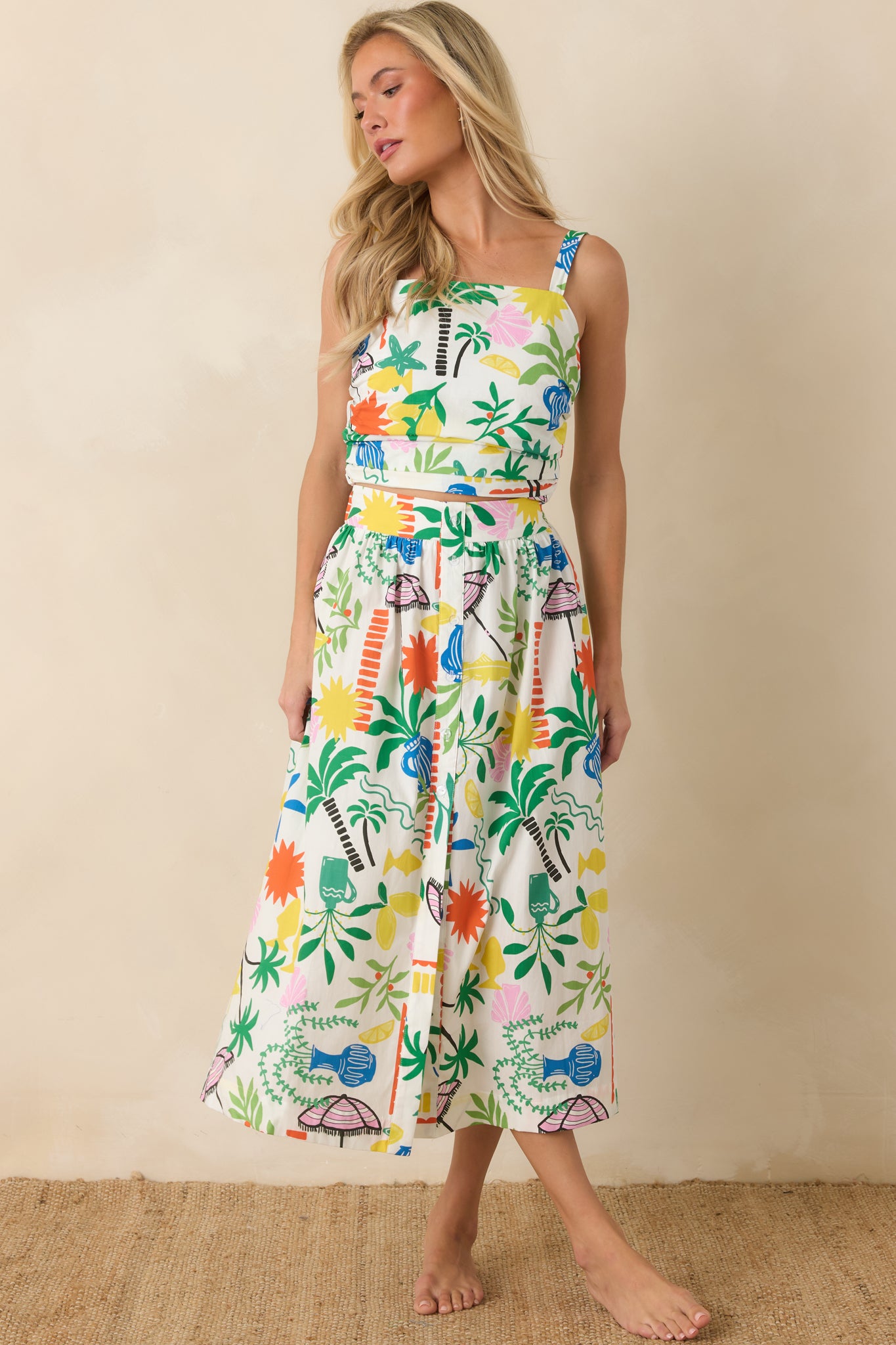 Printed A-line skirt showcasing a colorful resort-inspired pattern, comfortable high-rise fit, and graceful movement through the hem.