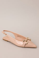 Chic pointed-toe flats with gold hardware and adjustable heel strap.