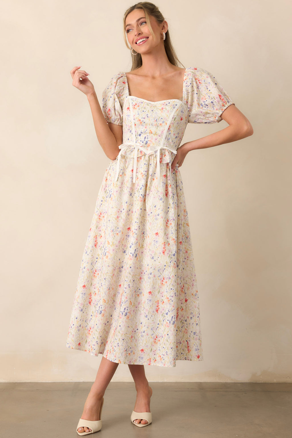 Ivory Cotton Floral Midi Dress - All Dresses