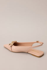 Back view of these Chic pointed-toe flats with gold hardware and adjustable heel strap.