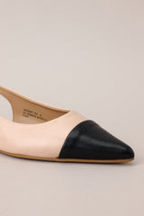 Close up view of these flats that feature a pointed toe, a color block design, and non adjustable strap.