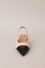 Front view of these flats that feature a pointed toe, a color block design, and non adjustable strap.