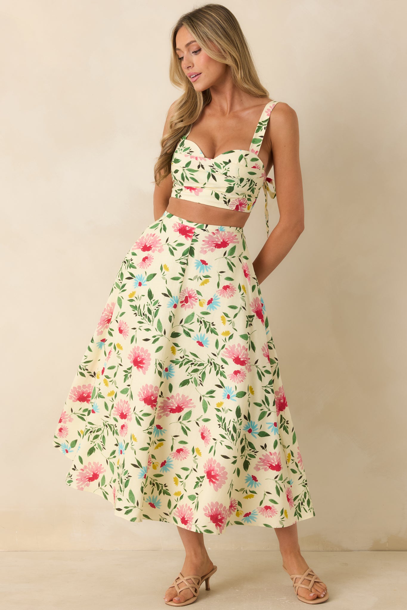 Yellow sweetheart neckline crop top with wide adjustable back tie straps and a structured, feminine fit.