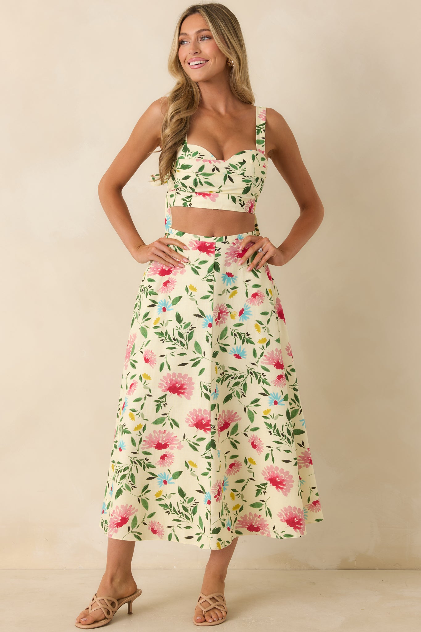 ASTR The Label Myria Yellow Multi Floral Pleated Crop Top