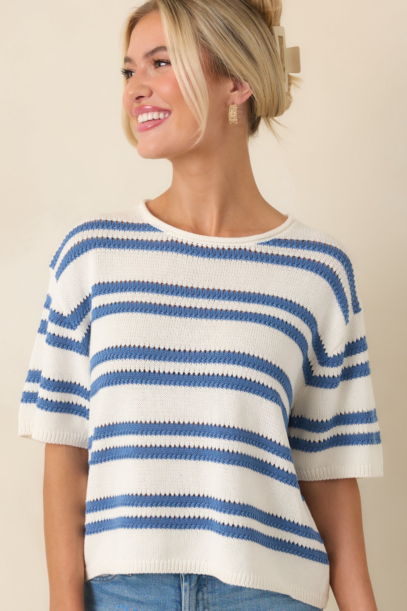 ニット/セーター Lautashi stripe knit tops Brick Multicolor Striped Print Knit Top | Lime Lush Boutique