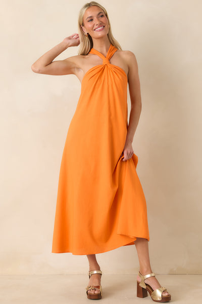 Women's Citrus Kisses Orange Linen Blend Halter Midi Dress | Size: S