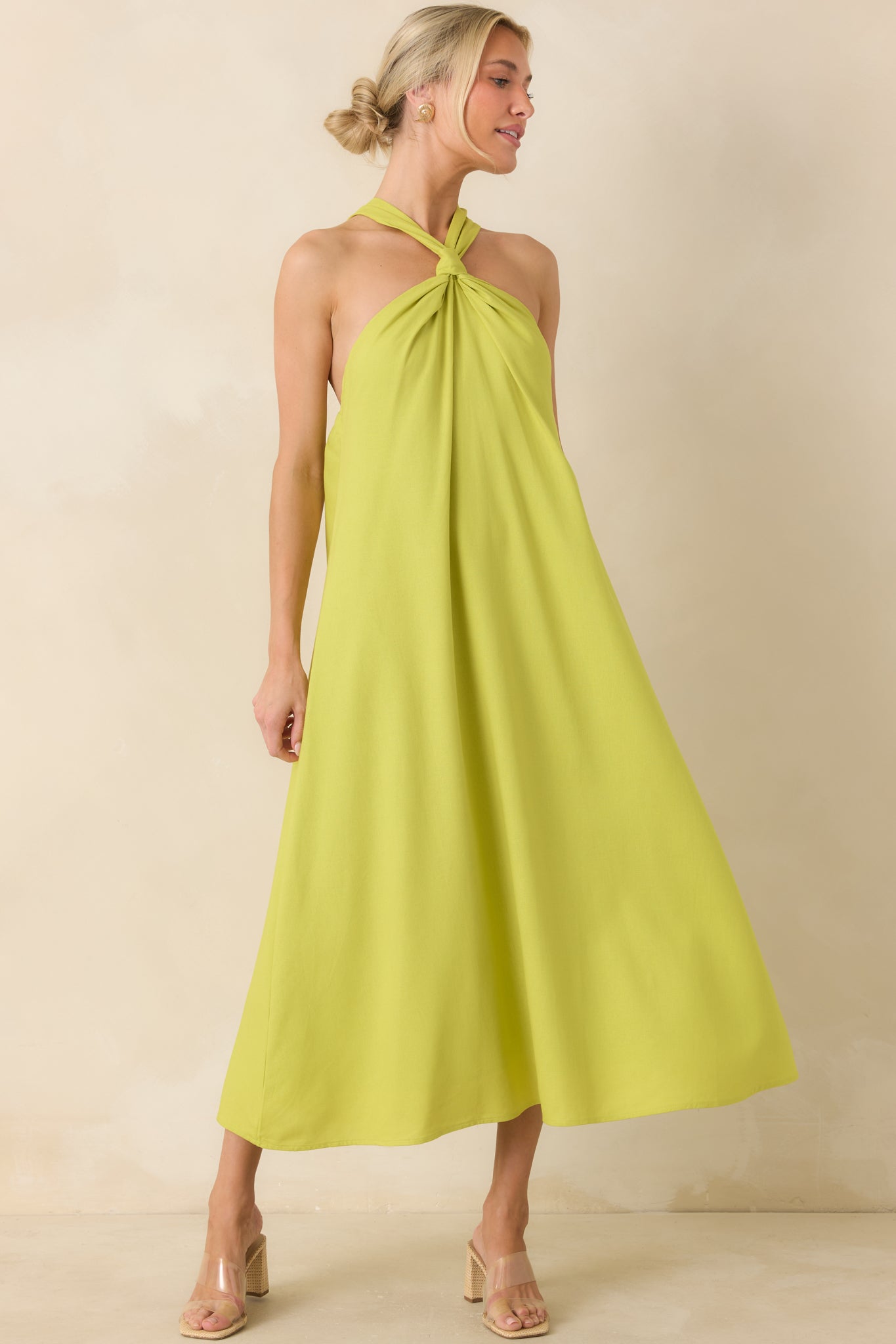 Women's Citrus Kisses Chartreuse Linen Blend Halter Midi Dress | Size: S | Red Dress