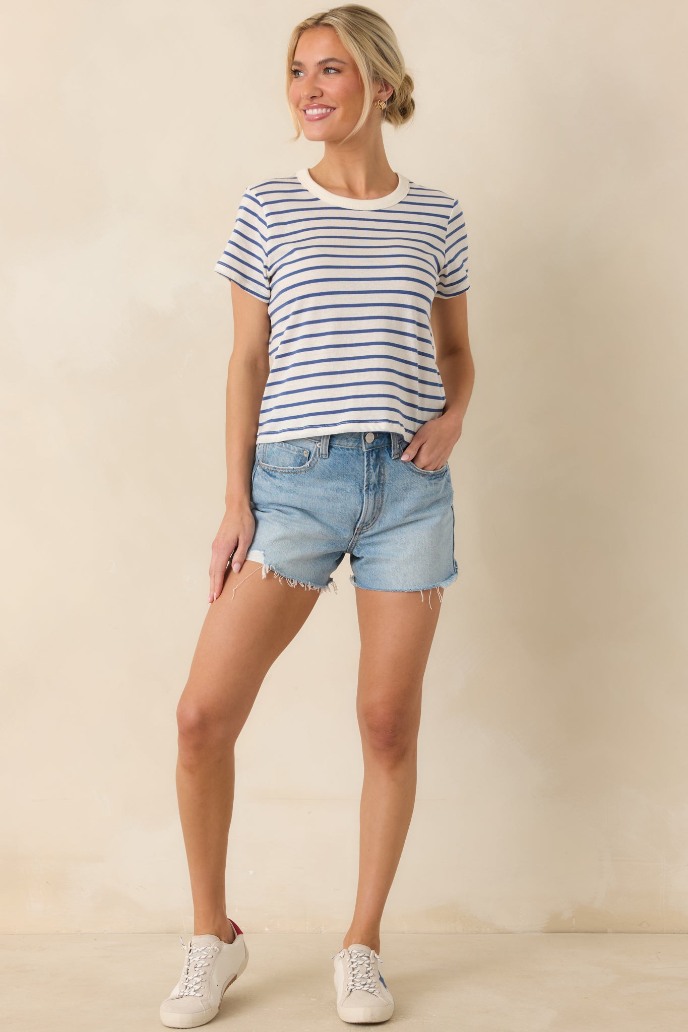 Front full view highlighting the evenly spaced stripe pattern and easy, laid-back fit through the body.