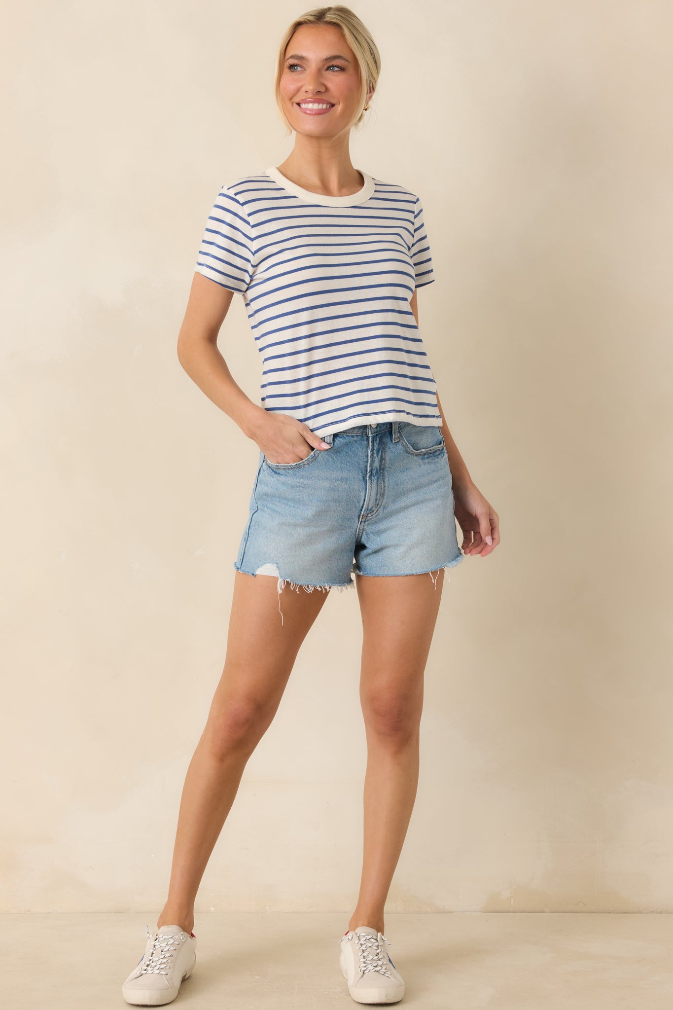 Front-facing view emphasizing the casual shape and timeless striped design for effortless daily wear.