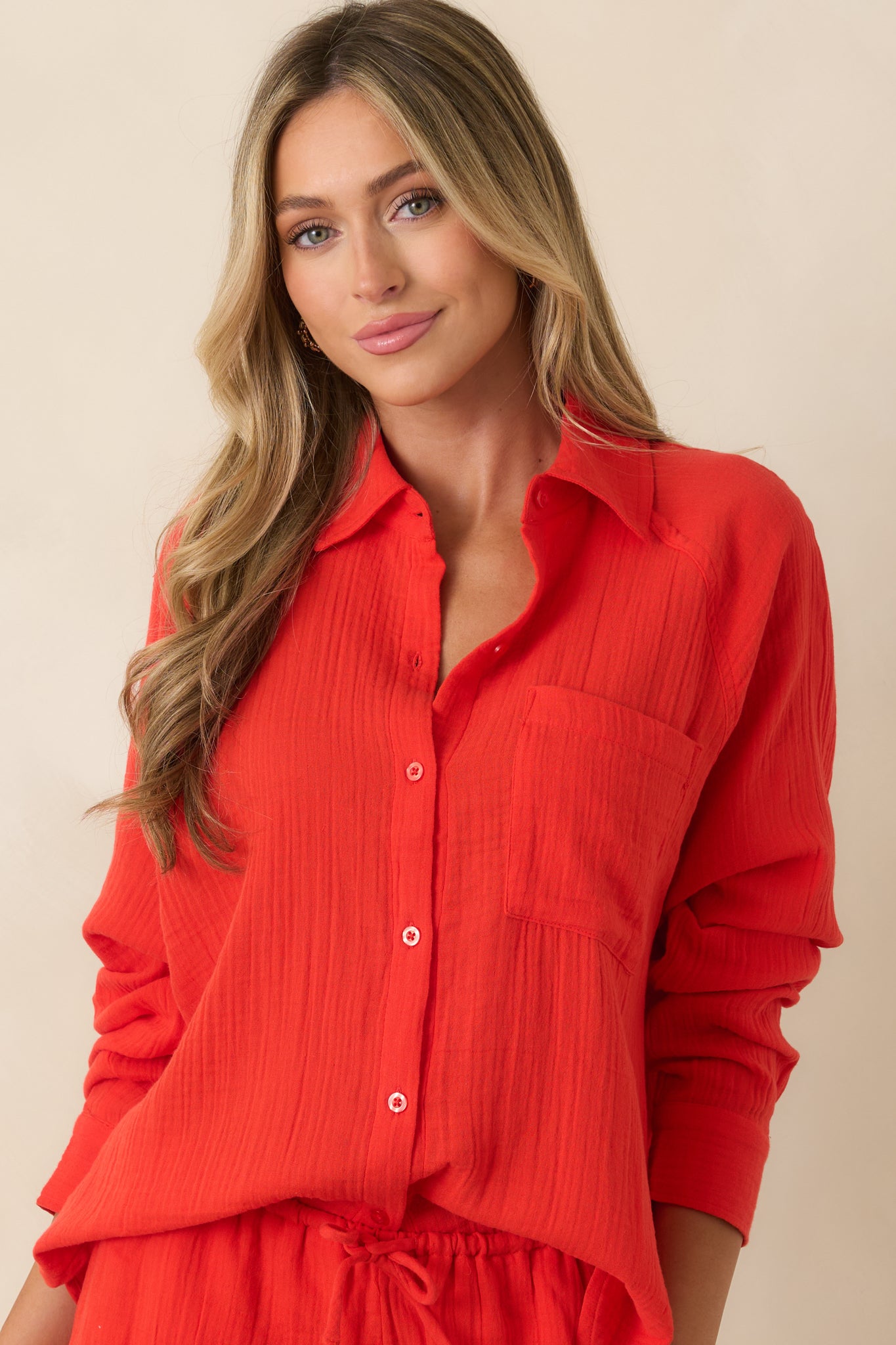 Z Supply The Perfect Poppy Red Cotton Gauze Button Up Top | Red Dress