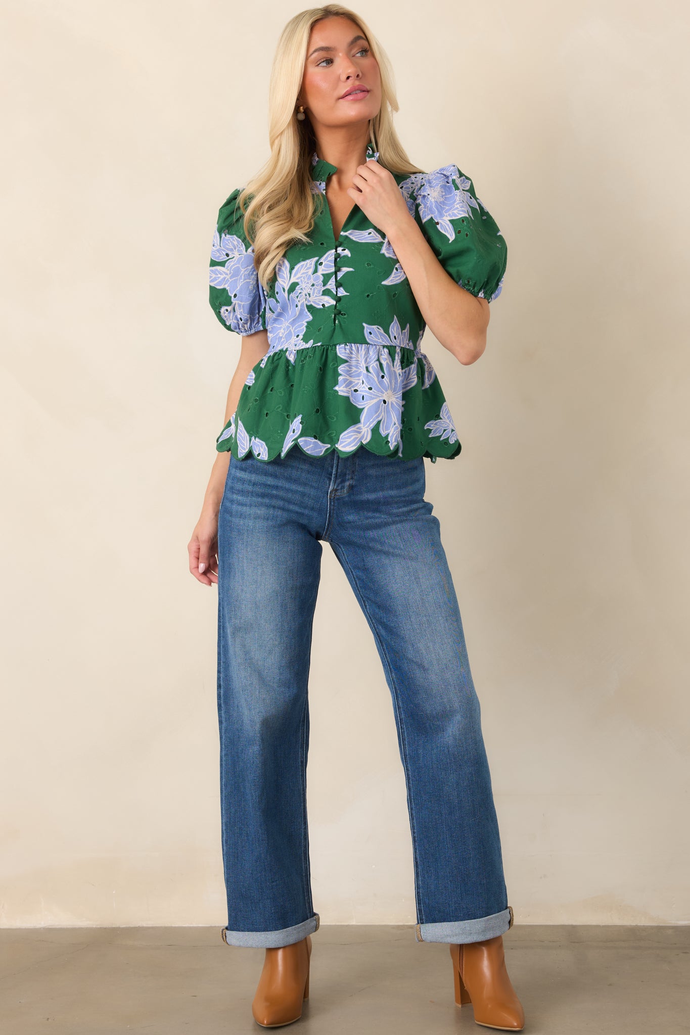 The Garden's Calling Green & Blue Floral Cotton Eyelet Top