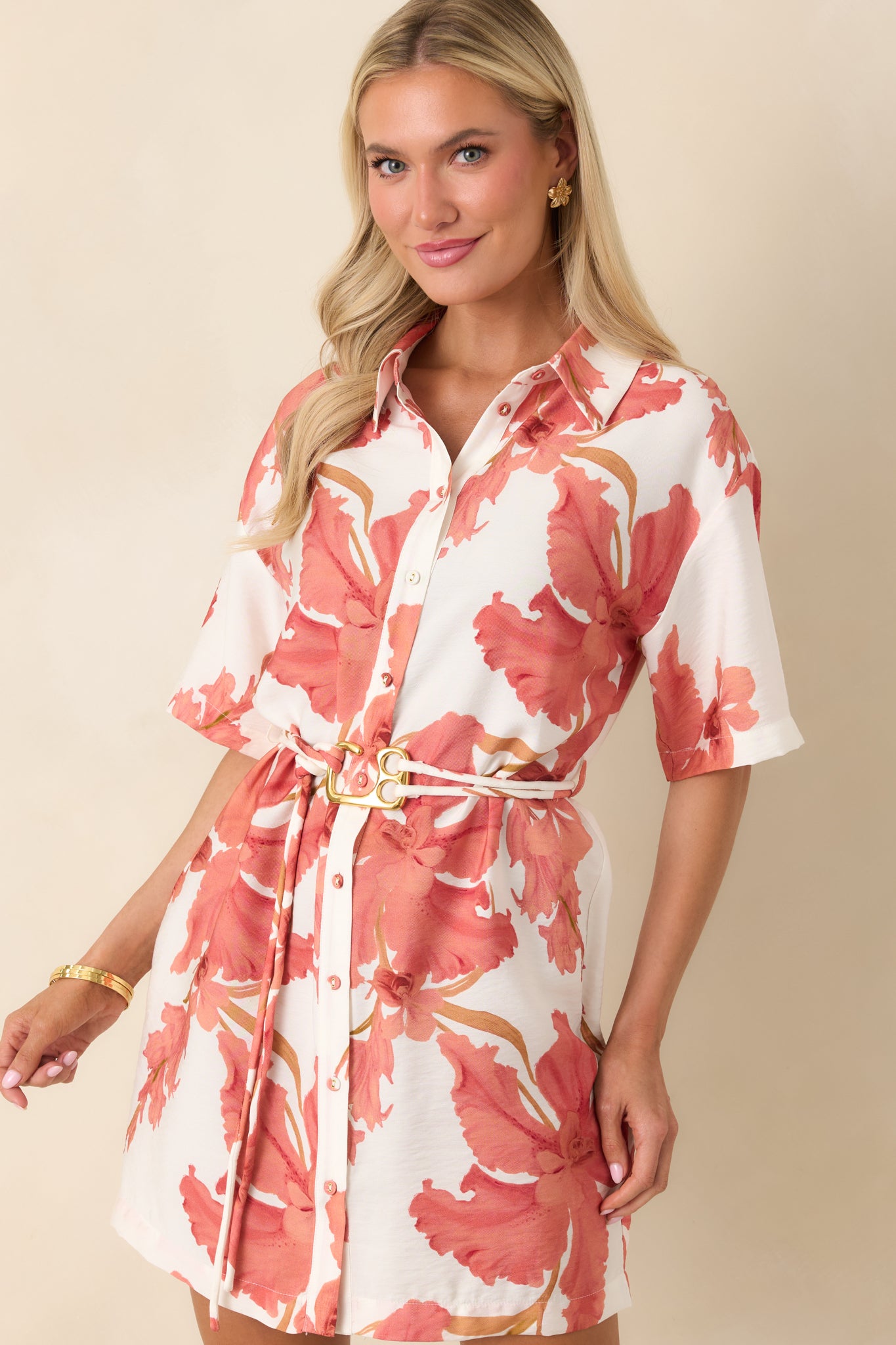 MINKPINK Isla Peach Hibiscus Mini Shirt Dress | Red Dress