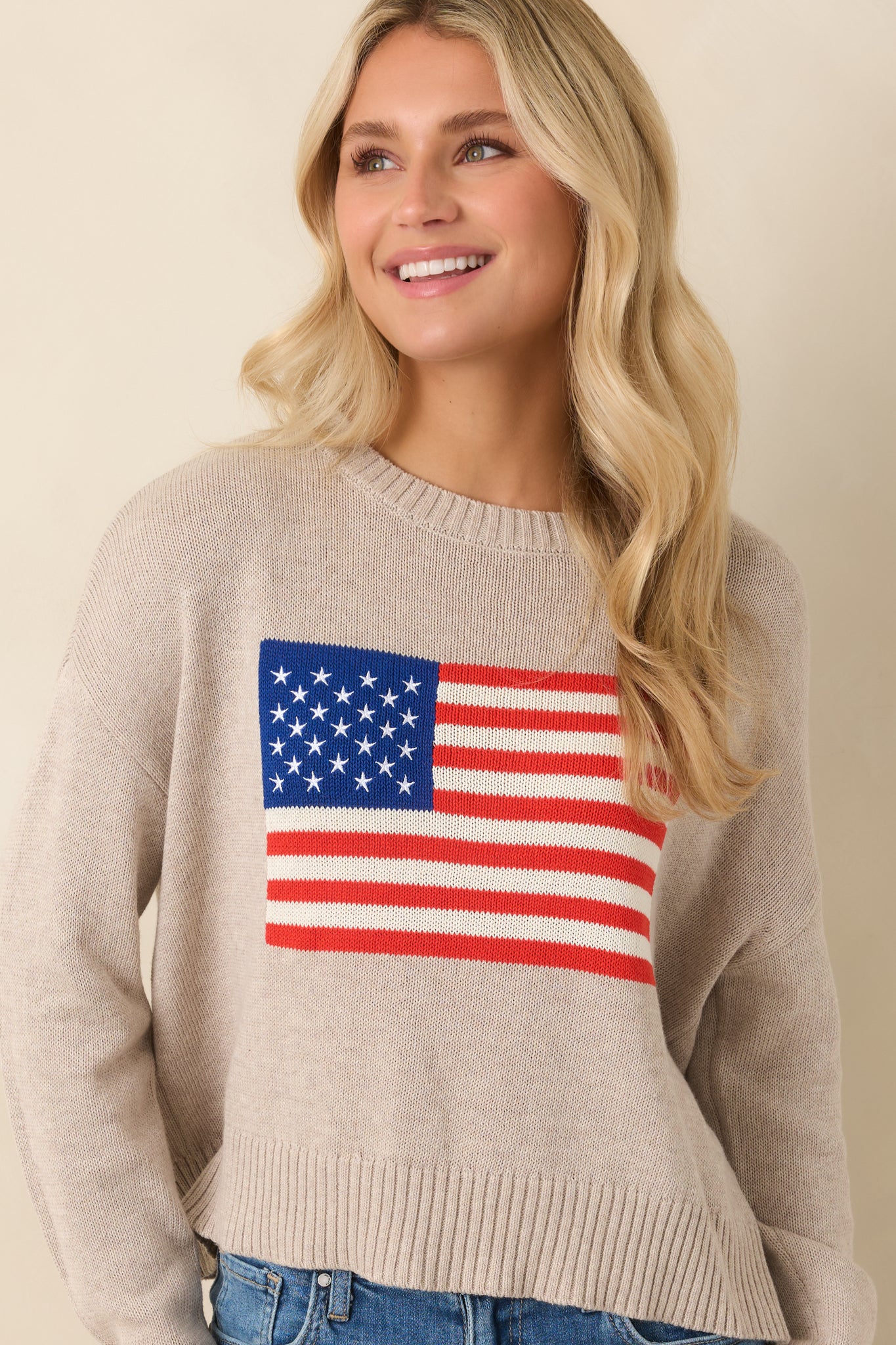 Heather knit crew neck sweater with relaxed silhouette and detailed flag graphic design.