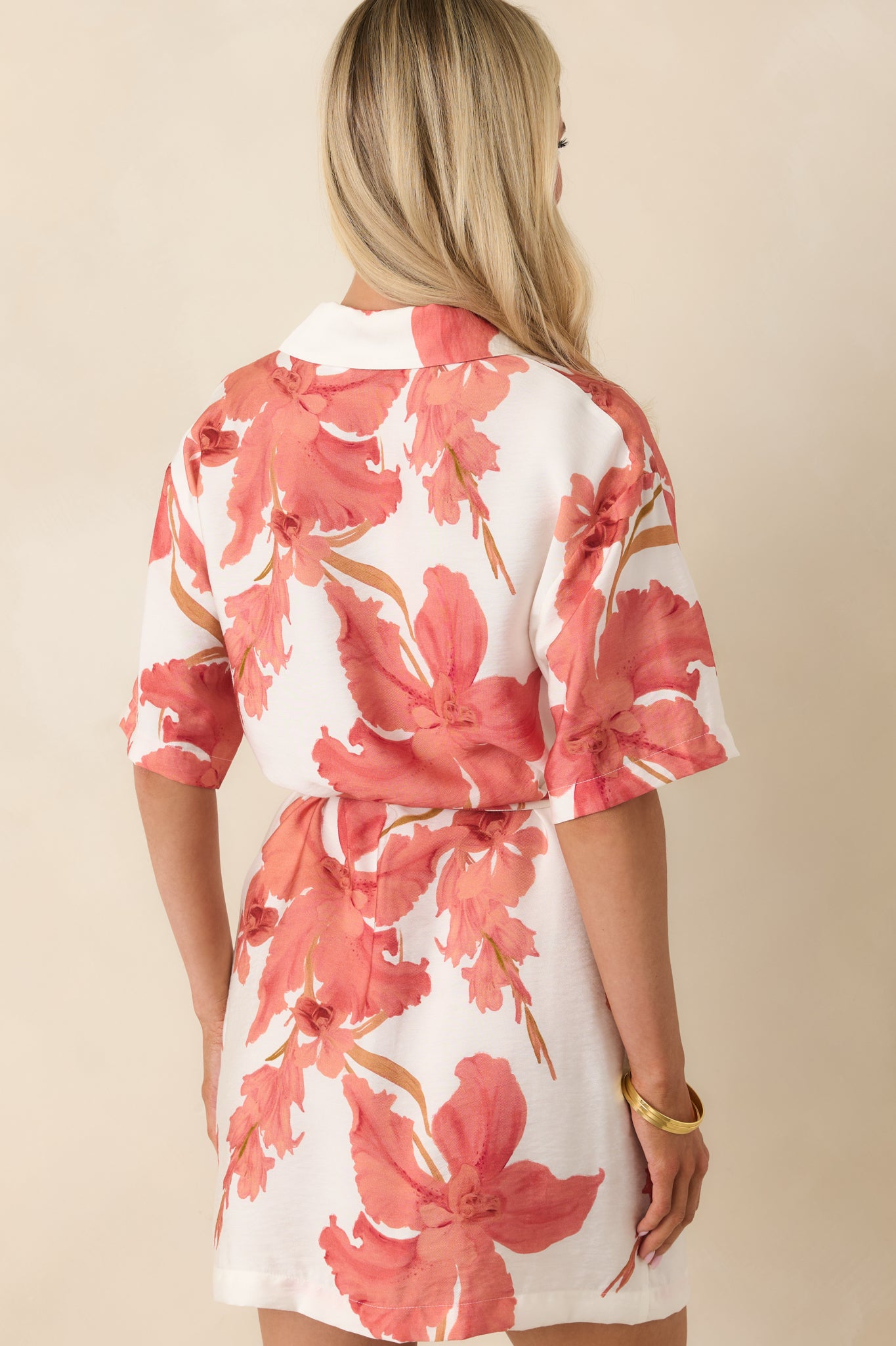 MINKPINK Isla Peach Hibiscus Mini Shirt Dress | Red Dress