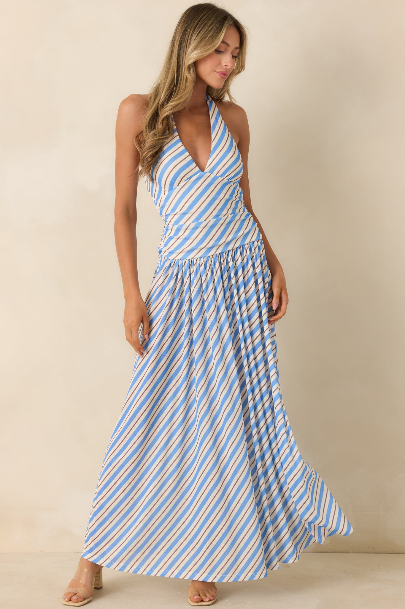 striped halter dress acnh Anais Striped Halter Maxi Dress - Green/combo