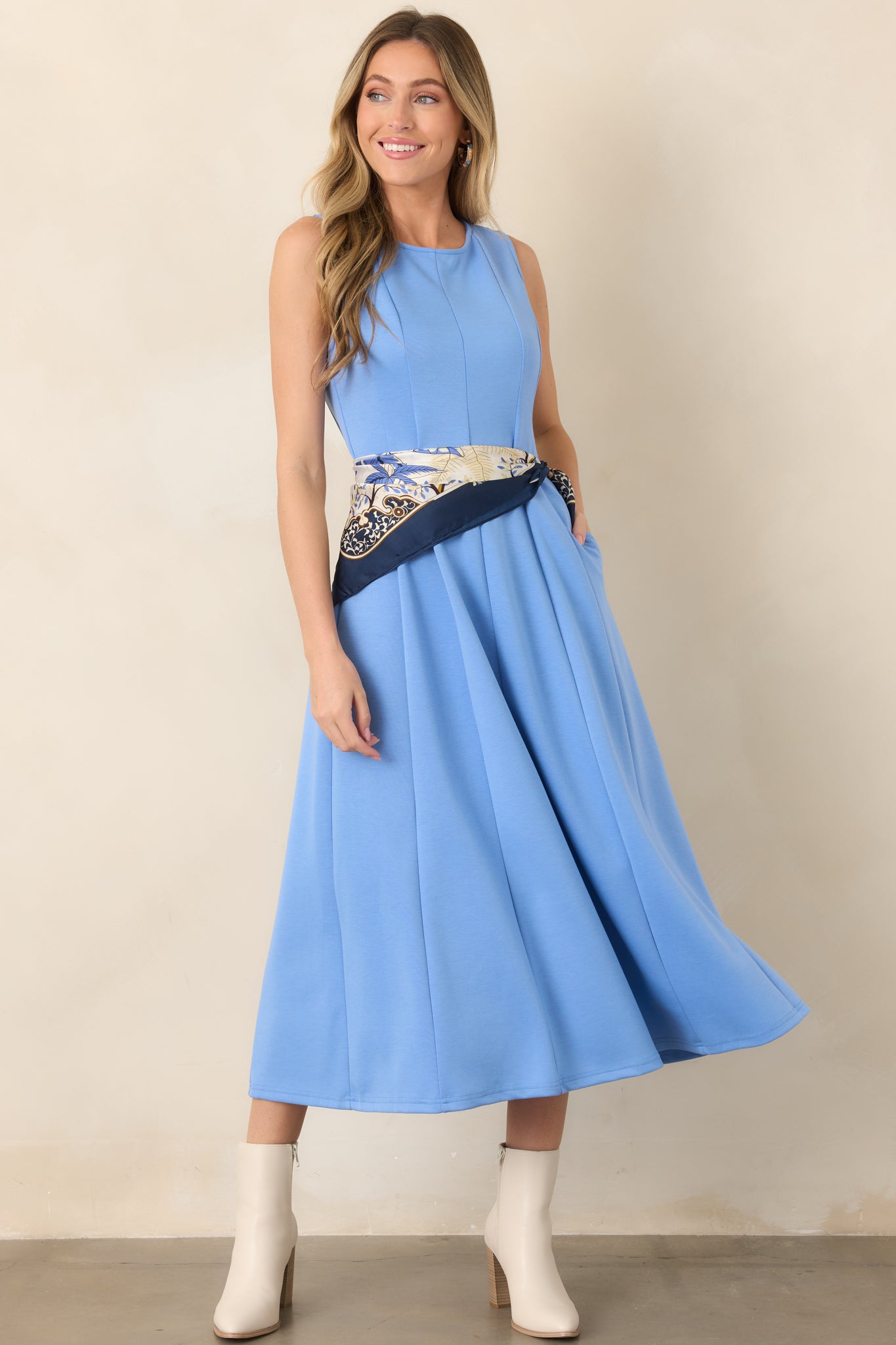 Soft Landing Light Blue Paneled Sleeveless Midi Dress