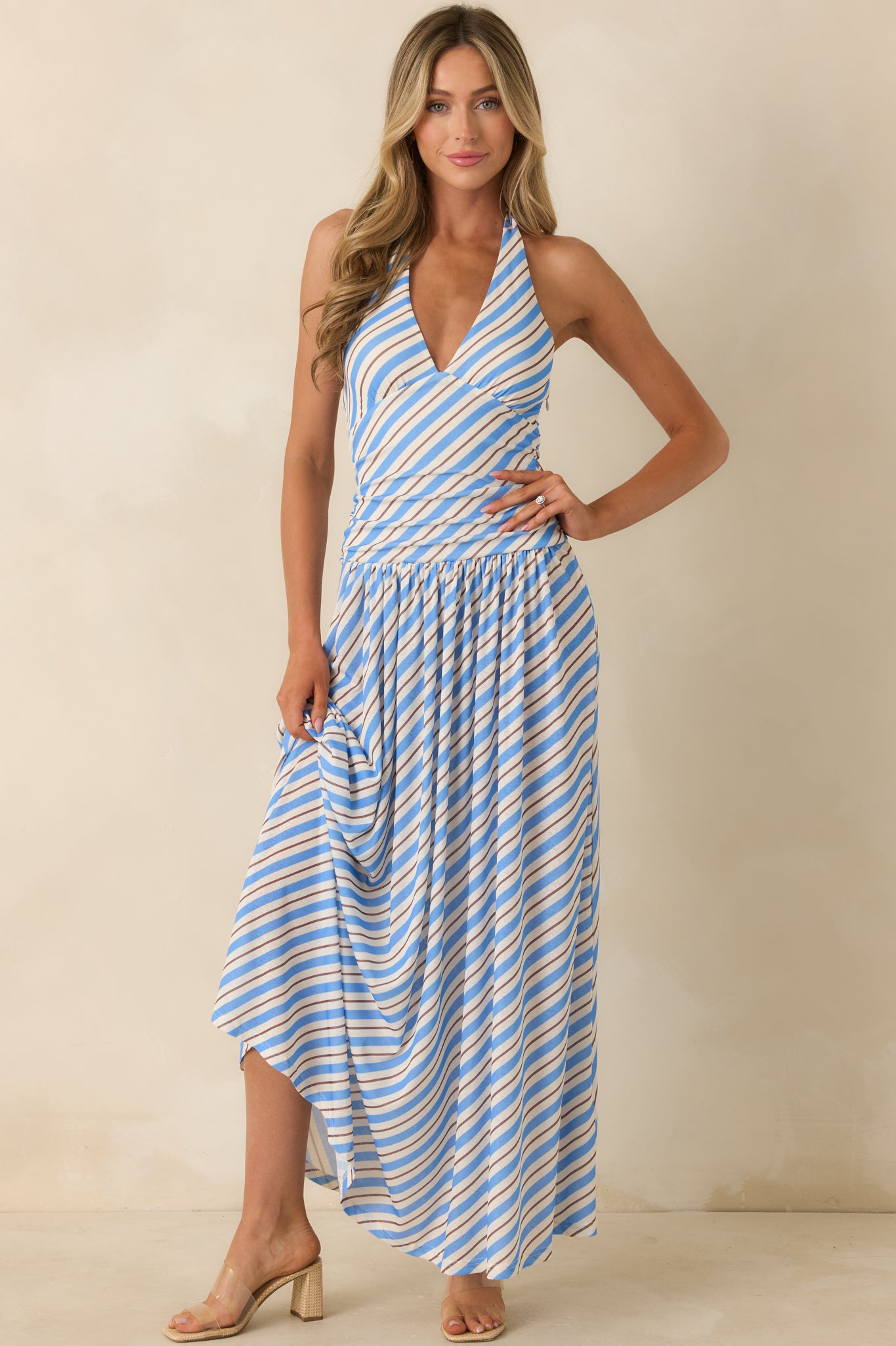blue and white striped halter dress Miss Circle Women's Mackenna Navy Stripe Halter Smock Back Maxi Dress