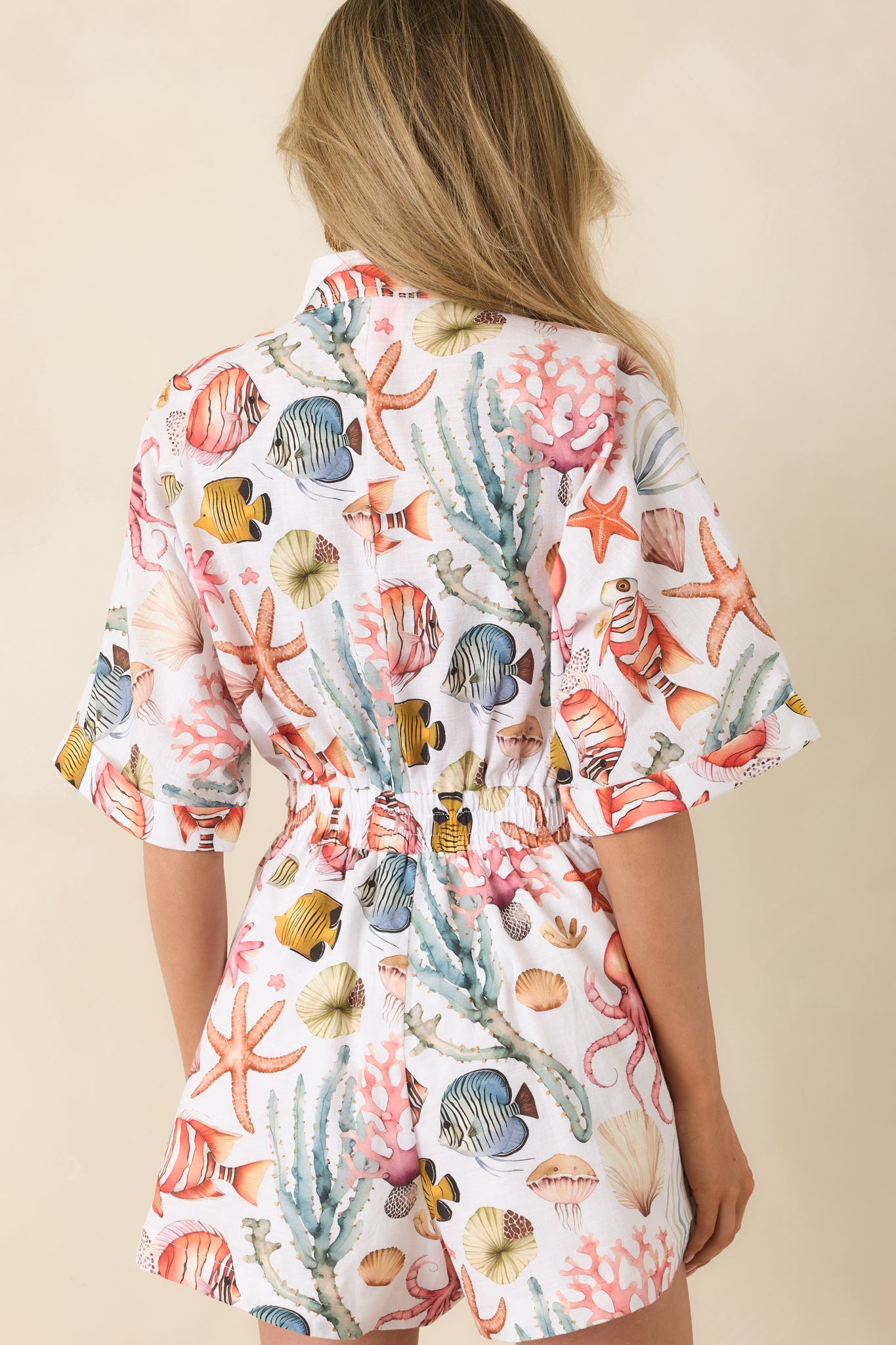 Paradisa Key Largo Multi Cotton Linen Coastal Print Romper | Red Dress