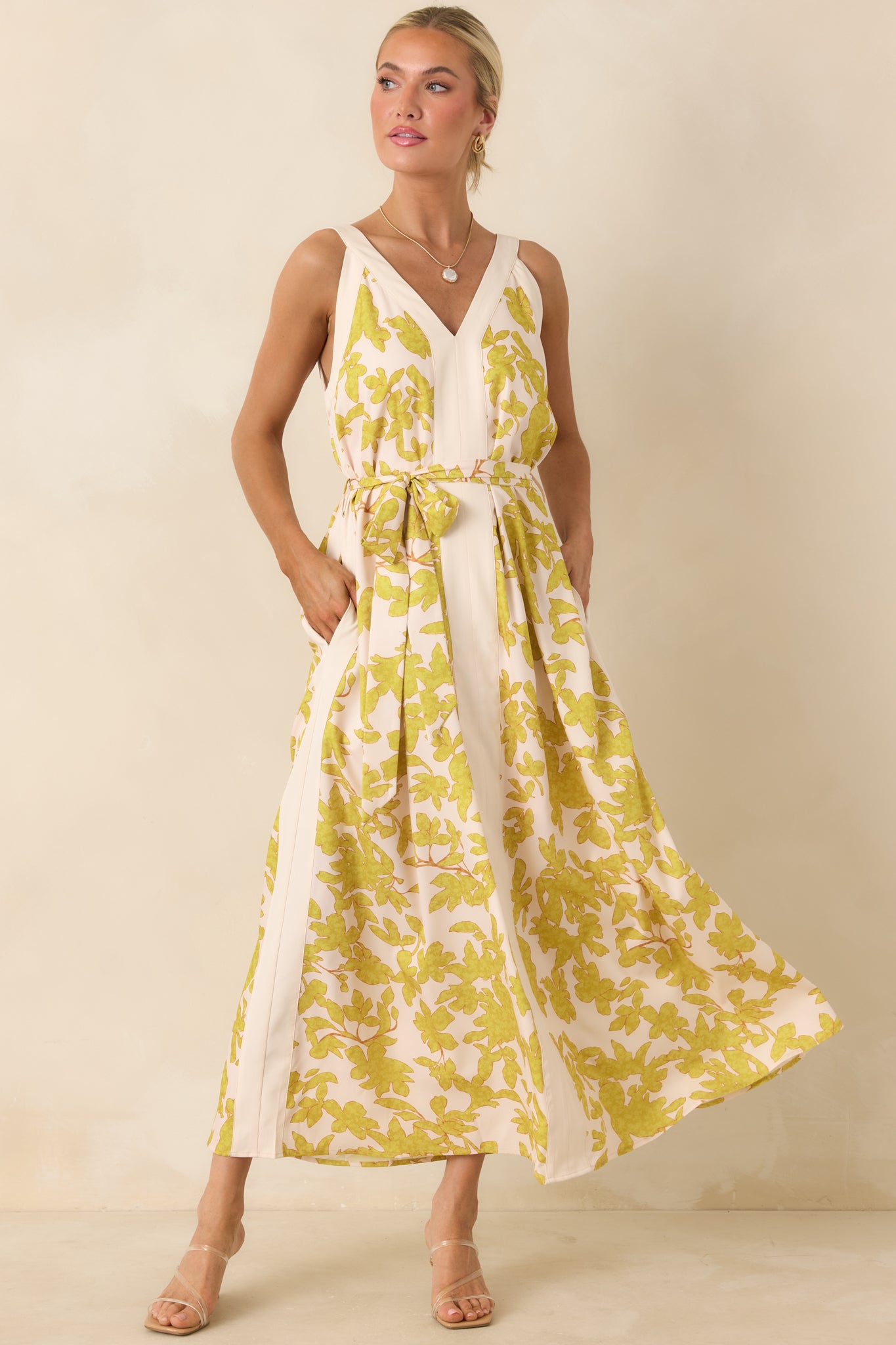 Living For It Light Green & Ivory Floral V-Neck Tie Belt Dress