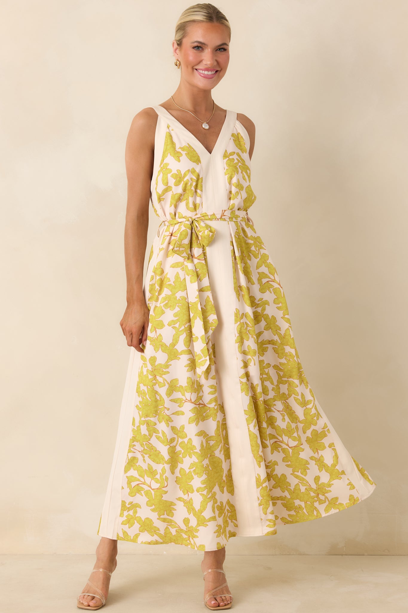 Living For It Light Green & Ivory Floral V-Neck Tie Belt Dress
