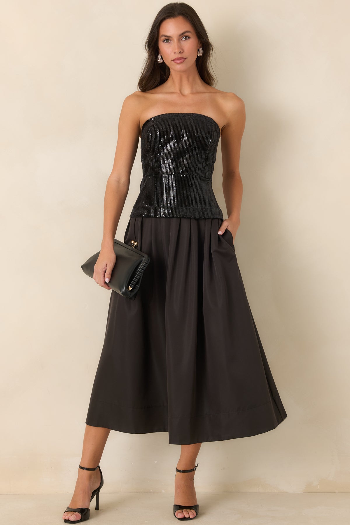 Sips & Sparkles Black Sequin Strapless Midi Dress