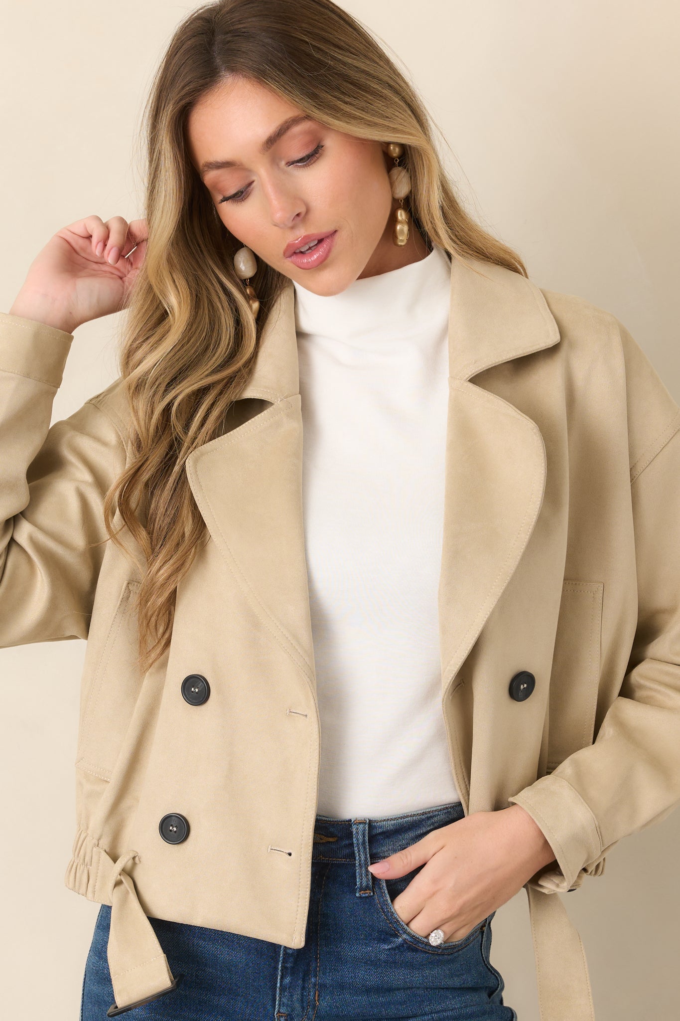 Ahead of Schedule Beige Cotton Double Breasted Belted Jacket