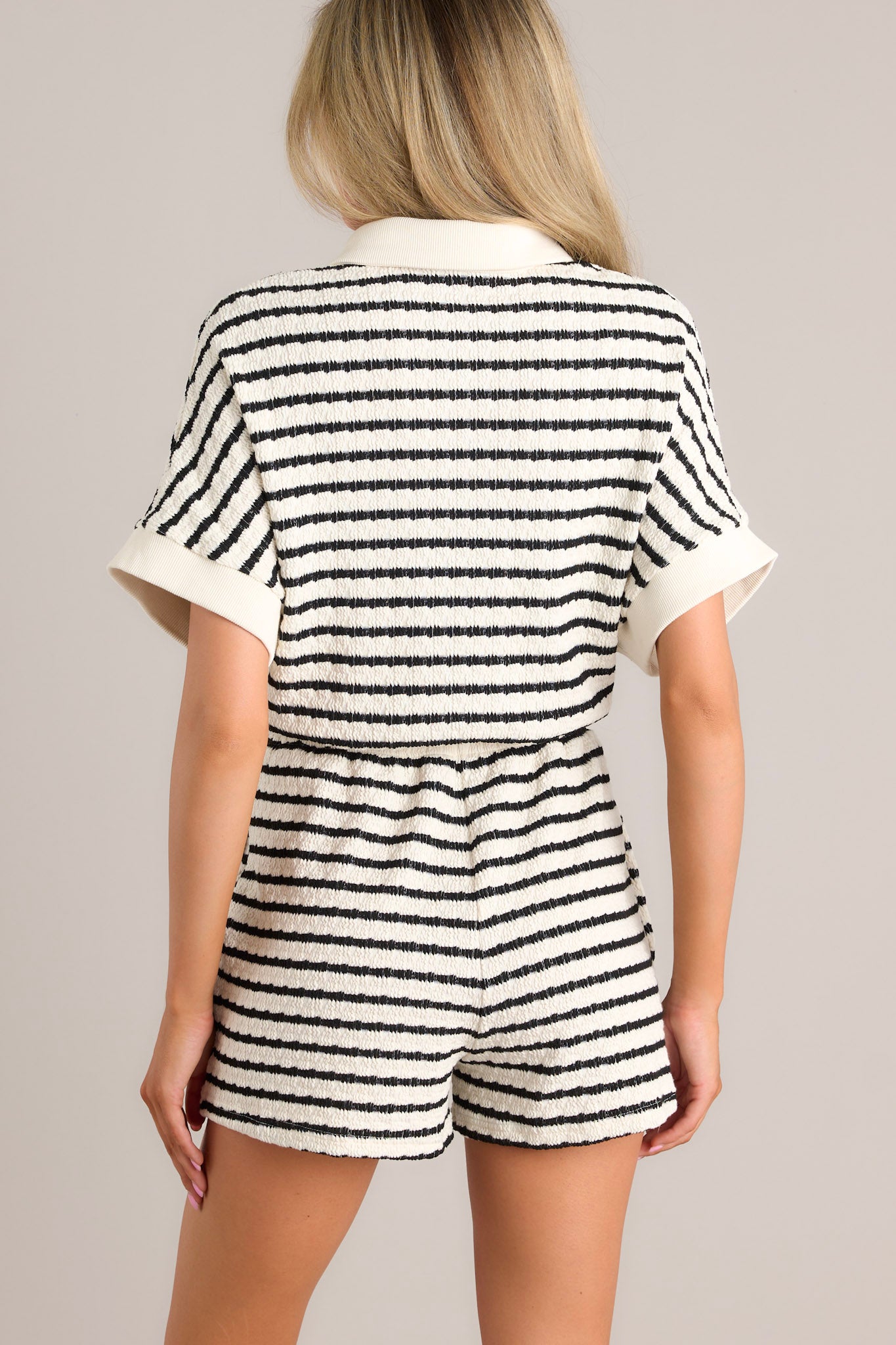 Black Stripe Button Front Romper - All Playsuits | Red Dress