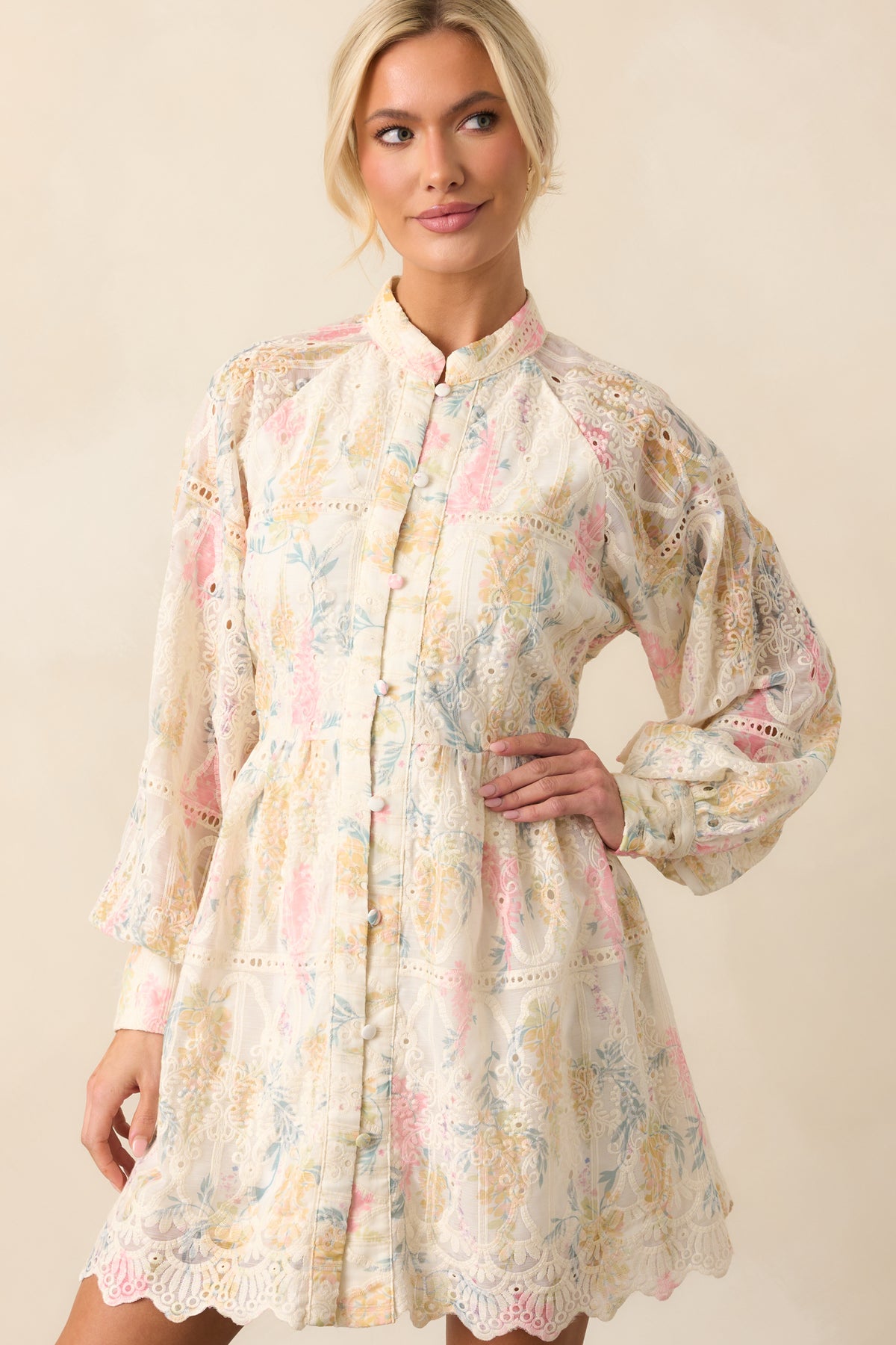 Ivory Floral Embroidered Eyelet Mini Dress