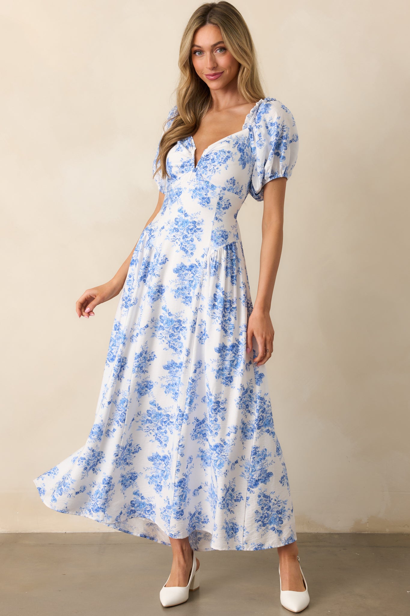 Blue Floral Puff Sleeve Maxi Dress