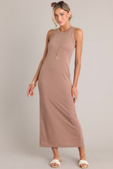 Full body view of this dress that features a scoop neckline, a slit in the back and, a super soft material.